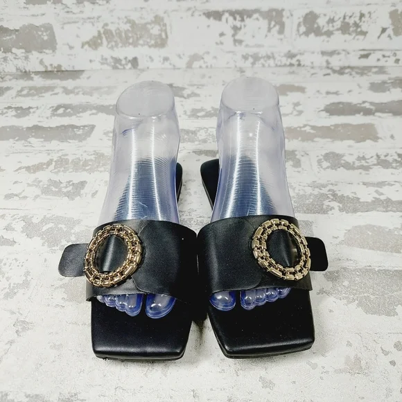 NEW Open Edit Lely Black Faux Leather Square Toe Flat Slide Sandals F68 - Picture 3 of 11